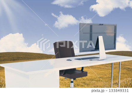 Flat design showing white desk with swivel chair, slim monitor, keyboard and mouse in golden field 133849331