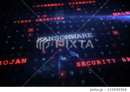 Displaying flat interface showing security code grid with RANSOMWARE text and red alerts 133849369