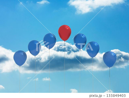 One red and six blue balloons are floating in flat design clear sky with scattered clouds 133849403