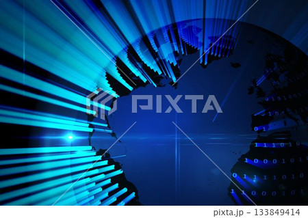 Digital hemisphere of Earth is floating in deep blue gradient 3D render, with glowing data bars 133849414