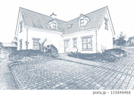 Flat design showing detached L-shaped two-story house with brick paver driveway, dormer windows Flat design showing detached L-shaped two-story house with brick paver driveway, dormer windows 133849468