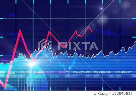 Digital financial chart is displaying colored line graphs on dark blue grid with lens flares 133849637