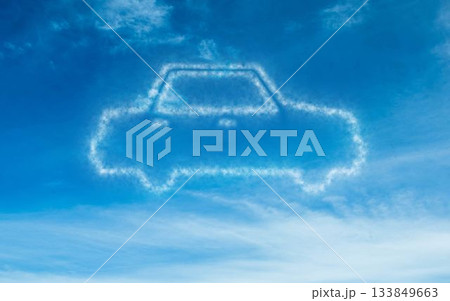 Stylized car-shaped cloud is forming in flat design blue sky with wispy cirrus streaks Stylized car-shaped cloud is forming in flat design blue sky with wispy cirrus streaks 133849663