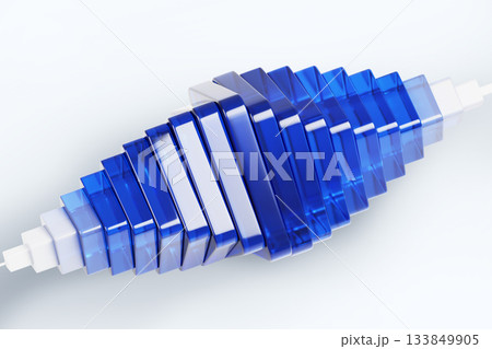 3d abstract glass spiral shape in white and blue colors. Pastel light background with geometric twisted figure from row of translucent gradient square plates. Futuristic tech banner. 3D illustration 133849905