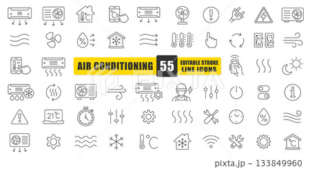 Air Conditioning Line Icon Set. 55 Clear, Modern Symbols For Cooling, Heating, Ventilation, Temperature Control, And Smart Home Functions. Ideal For HVAC Guides, Mobile Apps. Isolated Vector Icons. 133849960