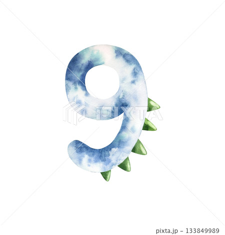 Cute dinosaur number nine. Watercolor hand drawn prehistoric illustration for invitation card, nursery poster. Sketch on transparent background. Perfect for for nursery and baby shower, tropical 133849989