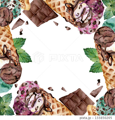 Mint leaves, berry gelato with cocoa bits chips topping in waffle cone with melting chocolate syrup drizzle. Isolated square border frame hand drawn in watercolor. Natural food wrap, product visual. Mint leaves, berry gelato with cocoa bits chips topping in waffle cone with melting chocolate syrup drizzle. Isolated square border frame hand drawn in watercolor. Natural food wrap, product visual. 133850205