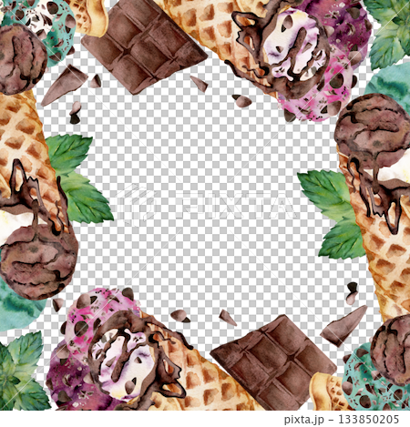 Mint leaves, berry gelato with cocoa bits chips topping in waffle cone with melting chocolate syrup drizzle. Isolated square border frame hand drawn in watercolor. Natural food wrap, product visual. 133850205