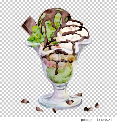 Pistachio gelato ice cream in short glass dessert bowl with mint leaves, melted chocolate syrup drizzle and chips. Isolated illustration hand drawn in watercolor. Food journal, classic cafe branding. Pistachio gelato ice cream in short glass dessert bowl with mint leaves, melted chocolate syrup drizzle and chips. Isolated illustration hand drawn in watercolor. Food journal, classic cafe branding. 133850211