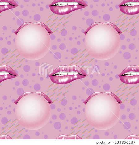 Pink sexy woman lips with lipgloss and chewing gum in retro seamless pattern for fashion beauty.Biting lower lip with teeth in retro comics style.Hand drawn illustration as symbol of the 80s and 90s 133850237