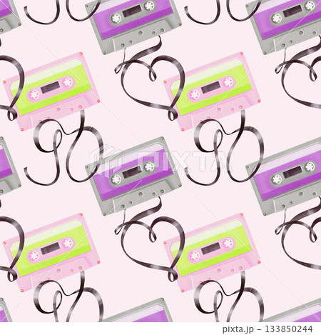 Portable player audio cassettes from 80's,90's style,tapes in shape 90,heart in seamless pattern.Watercolor illustration on transparent background for websites,fabric,stationery,theme parties 133850244