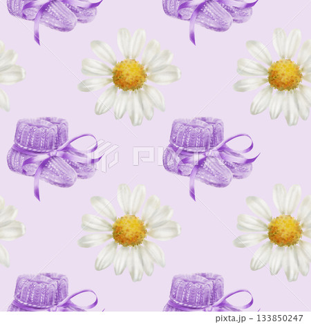 Symbol of World Prematurity Day-Purple knitted socks with ribbon,chamomile flowers symbolizing purity and childhood innocence.Watercolor seamless pattern for charity projects,social media 133850247