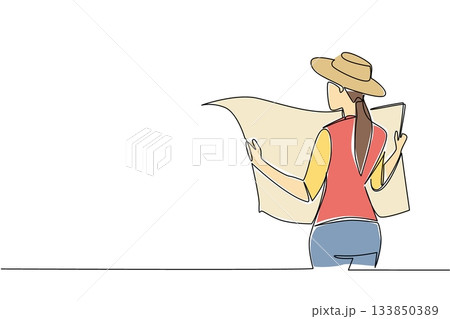 Single continuous line drawing a woman wearing a vest and cowboy hat holds and spreads a map. Searching for random items for fun. National Scavenger Hunt Day. One line design vector illustration 133850389