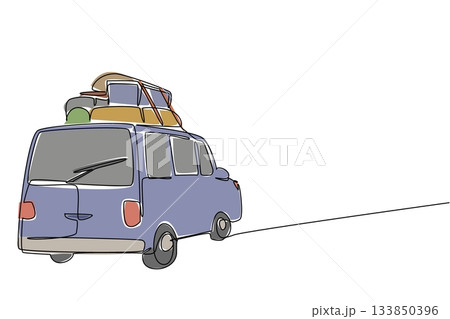 Continuous one line drawing rear view of the car carrying lot of luggage on the roof rack. Overland journey with plenty of supplies. National Road Trip Day. Single line draw design vector illustration Continuous one line drawing rear view of the car carrying lot of luggage on the roof rack. Overland journey with plenty of supplies. National Road Trip Day. Single line draw design vector illustration 133850396