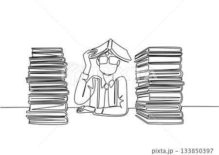 Single continuous line drawing man wear long sleeved shirt with suspenders puts an open book on head. Gestures put knowledge into the head. Genius. Geek Pride Day. One line design vector illustration 133850397