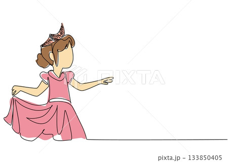 Continuous one line drawing a girl wearing a princess dress and wearing a tiara crown. Empowering before becoming the real queen. Successor. Tiara Day. Single line draw design vector illustration Continuous one line drawing a girl wearing a princess dress and wearing a tiara crown. Empowering before becoming the real queen. Successor. Tiara Day. Single line draw design vector illustration 133850405