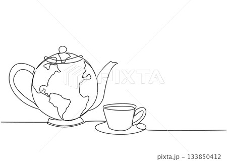 Continuous one line drawing teapot with a cup with a saucer. Symbol of great ease of tea cultivation throughout the world. Hot tea. International Tea Day. Single line draw design vector illustration 133850412