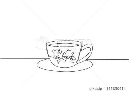 Single continuous line drawing a cup filled with tea with a saucer. Enjoy a cup of tea from all over the world. Unique taste. Delicious. International Tea Day. One line design vector illustration 133850414