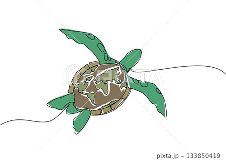 Single continuous line drawing turtle swimming with a world map on its belly. Symbolism of the decreasing number of turtles in the world. Adrift. World Turtle Day. One line design vector illustration 133850419