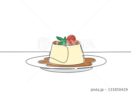 Single continuous line drawing vanilla pudding topped with raspberries and caramel sauce on a plate. Delicious combination of flavors. National Vanilla Pudding Day. One line design vector illustration Single continuous line drawing vanilla pudding topped with raspberries and caramel sauce on a plate. Delicious combination of flavors. National Vanilla Pudding Day. One line design vector illustration 133850429