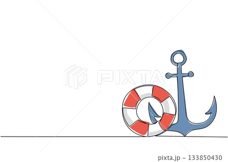 Single one line drawing anchor and lifebuoy side by side. Two important components in ship mooring. Prevents the ship from drifting. National Maritime Day. Continuous line design graphic illustration Single one line drawing anchor and lifebuoy side by side. Two important components in ship mooring. Prevents the ship from drifting. National Maritime Day. Continuous line design graphic illustration 133850430