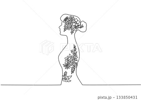 Single one line drawing silhouette of woman whose silhouette contains series of flowers. The concept of complementary beauty. Just as beautiful. Flower Day. Continuous line design graphic illustration Single one line drawing silhouette of woman whose silhouette contains series of flowers. The concept of complementary beauty. Just as beautiful. Flower Day. Continuous line design graphic illustration 133850431