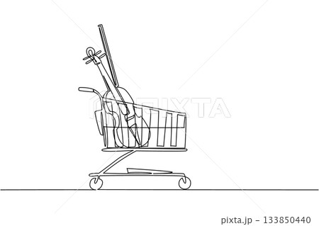 Single one line drawing shopping trolley containing violin. Special understanding to play it. Produces a soothing rhythm. Buy A Musical Instrument Day. Continuous line design graphic illustration 133850440