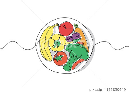 Continuous one line drawing various fruits and vegetables on a plate. Vitaminized. Nutritious. Healthier. Freshness. Eat More Fruits and Vegetables Day. Single line draw design vector illustration Continuous one line drawing various fruits and vegetables on a plate. Vitaminized. Nutritious. Healthier. Freshness. Eat More Fruits and Vegetables Day. Single line draw design vector illustration 133850449