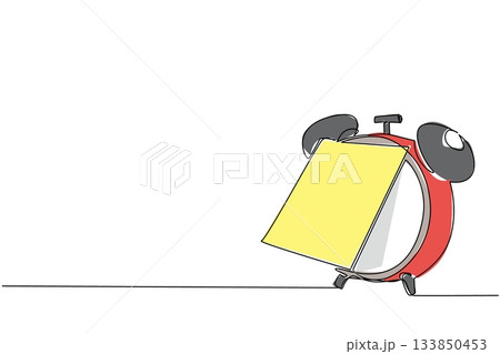 Single one line drawing alarm clock with memo paper attached. Deadline reminder message is getting closer. The important sticky notes. National Memo Day. Continuous line design graphic illustration 133850453