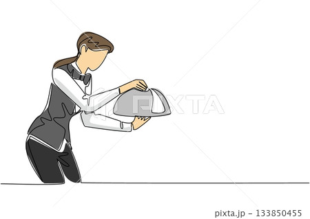 Single continuous line drawing female waitstaff wears a bow tie serving an order with a metal tray and cloche. Meals delivered to customers. National Waitstaff Day. One line design vector illustration 133850455