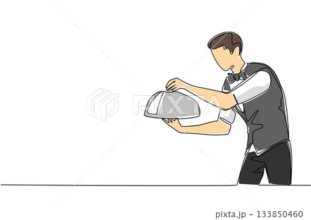 Single one line drawing a male waitstaff wears bow tie serving order with a metal tray and cloche. The most professional worker. National Waitstaff Day. Continuous line design graphic illustration 133850460