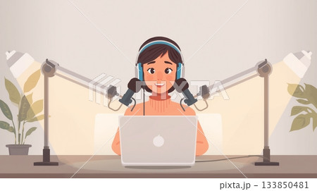 ラジオ放送ブースから話をする女性 133850481