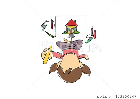 Continuous one line drawing girl looking up holding crayon and colorful crayons scattered on the floor. Describes about comfort. Togetherness. Drawing Day. Single line draw design vector illustration 133850547