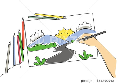 Single one line drawing hand holding colored pencils and pencils of various colors scattered. A beautiful natural view. Sharpening talents. Drawing Day. Continuous line design graphic illustration Single one line drawing hand holding colored pencils and pencils of various colors scattered. A beautiful natural view. Sharpening talents. Drawing Day. Continuous line design graphic illustration 133850548