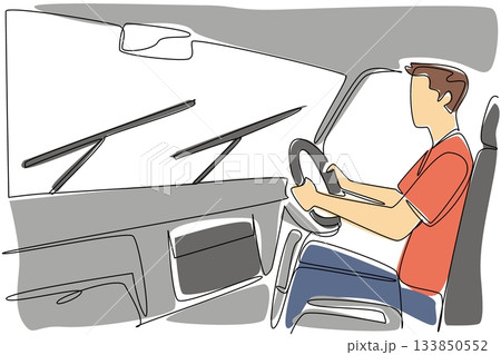 Continuous one line drawing a young man driving a car and turning on the wipers. Driving in bad weather. Must stay focused. National Check Your Wipers Day. Single line draw design vector illustration 133850552