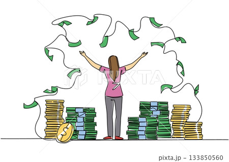 Single continuous line drawing back view, a woman stands with arms outstretched and throws the banknotes. Increasing annual income. Wealth. Be a Millionaire Day. One line design vector illustration Single continuous line drawing back view, a woman stands with arms outstretched and throws the banknotes. Increasing annual income. Wealth. Be a Millionaire Day. One line design vector illustration 133850560