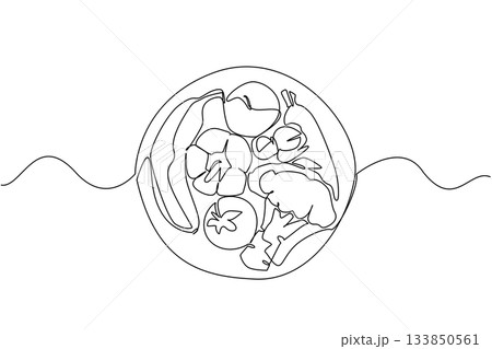 Continuous one line drawing various fruits and vegetables on a plate. Vitaminized. Nutritious. Healthier. Freshness. Eat More Fruits and Vegetables Day. Single line draw design vector illustration Continuous one line drawing various fruits and vegetables on a plate. Vitaminized. Nutritious. Healthier. Freshness. Eat More Fruits and Vegetables Day. Single line draw design vector illustration 133850561