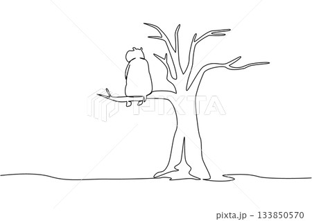 Single one line drawing hippopotamus sitting on dry tree branch. Loss of ecosystem. Loss of habitat. From rare to extinct. National Endangered Species Day. Continuous line design graphic illustration 133850570