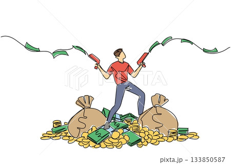 Continuous one line drawing a man stands on a pile of money holds gun that shoots out banknotes in both hands. Sharing in a unique way Be a Millionaire Day. Single line draw design vector illustration 133850587