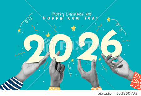 diversity people hands holding number of year 2026, Merry Christmas and Happy new year, collage style. design for poster, banner, greeting and celebration. diversity people hands holding number of year 2026, Merry Christmas and Happy new year, collage style. design for poster, banner, greeting and celebration. 133850733