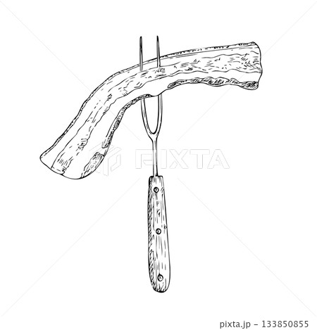Vector bacon strip on meat fork. Graphic ink kitchen tool illustration for barbecue, isolated on background. Hand drawn line sketch. For designers, prints, logo, icon, menu, postcards, holiday, covers 133850855