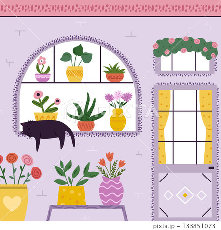 Cute Indoor Flower Shop Illustration with Cat and Colorful Potted Plants in Cozy Room 133851073