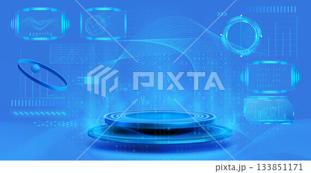 Hologram tech podium with neon light portal Hologram tech podium with neon light portal 133851171