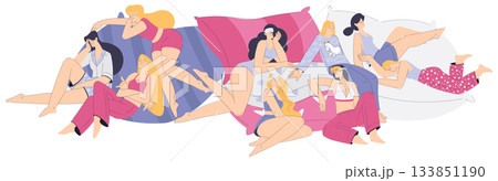 Sleepy Female Character on Soft Pillow Enjoy Night Rest Vector Illustration 133851190