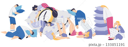 Sleeping Tired Man and Woman Character with Soft Pillow Vector Set 133851191