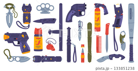 Self-defense Tool and Equipment for Protection Vector Set Self-defense Tool and Equipment for Protection Vector Set 133851238
