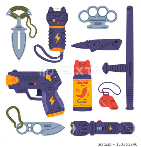Self-defense Tool and Equipment for Protection Vector Set 133851240