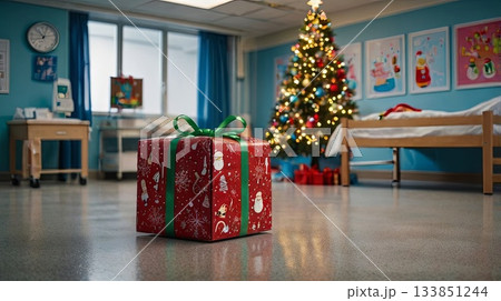A festively wrapped Christmas gift box on the floor of a children's hospital or medical office. The concept of charity, holiday support, pediatric care, and a festive atmosphere in medical facilities. 133851244