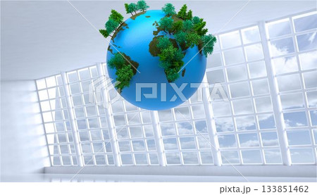 3D-rendered earth globe is floating inside white atrium, featuring grid windows and green groves 3D-rendered earth globe is floating inside white atrium, featuring grid windows and green groves 133851462