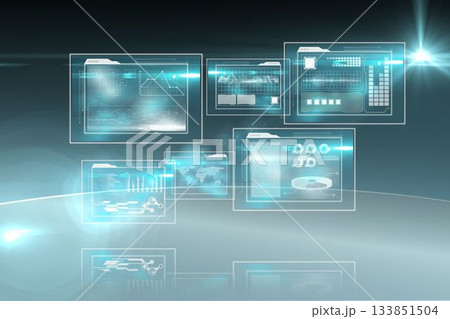 Holographic panels are floating over platform in futuristic UI and displaying line graphs and map 133851504